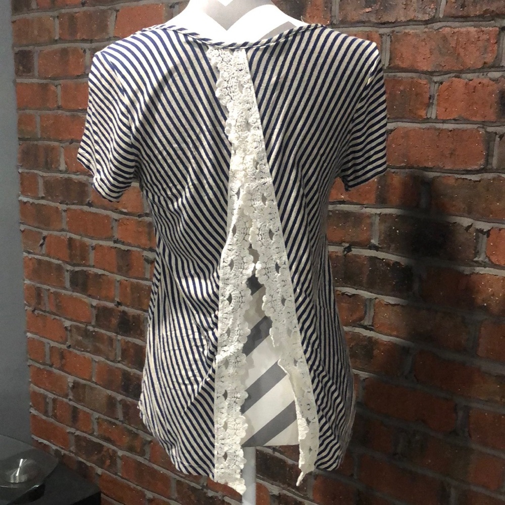 Daytrip Navy and Oatmeal colored Striped Lace Back Tee. Size Medium.